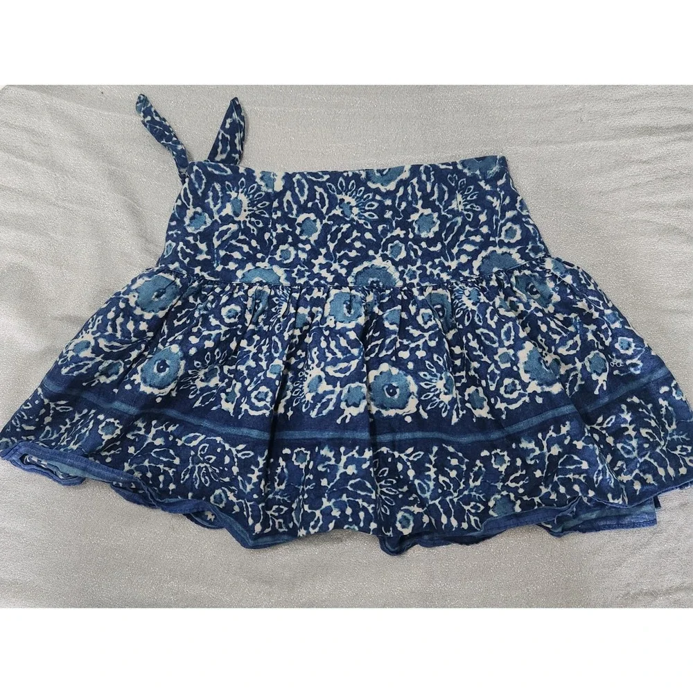 90s 00s Ralph Lauren Girls Blue White Floral‎ Linen Blend Wrap Ruffle Skirt 7